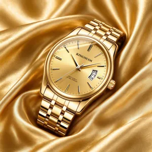 Luxury gold stainless steel men's watch with calendar display and elegant dial design.