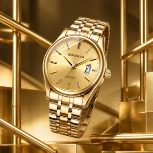 Luxury gold men watch with steel strap and calendar display. Elegant quartz detail design.