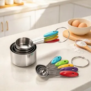 Stainless steel measuring cups and spoons set with colorful silicone handles for kitchen baking
