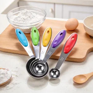 Stainless steel measuring spoons set with colorful silicone handles for kitchen cooking baking.