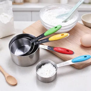 Stainless steel measuring spoons set with colorful silicone handles for baking cooking