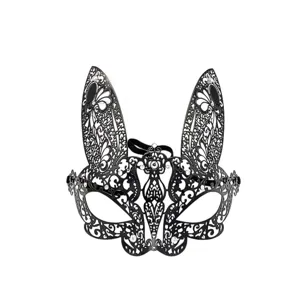 Schwarze Metall Hasenohren Maskerade Maske mit Strass, elegante halbe Gesichtsmaske fuer Party.