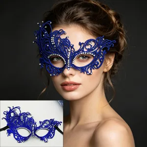 Blue lace masquerade mask with sparkling rhinestones for women half face party props