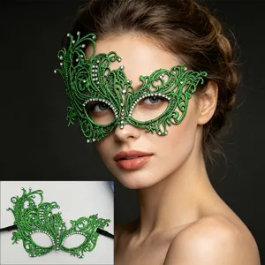 Green lace masquerade mask with rhinestones, half face design for Halloween party women.