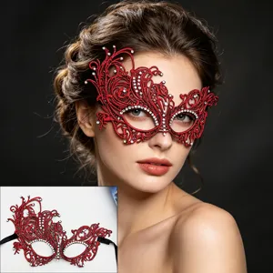 Red lace masquerade mask with rhinestones, half face design for Halloween party dress up.