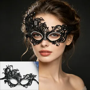 Black lace masquerade mask with sparkling rhinestones for women Halloween party and ball events.