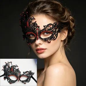 Black lace half face masquerade mask with red bead details, perfect for Halloween and party.