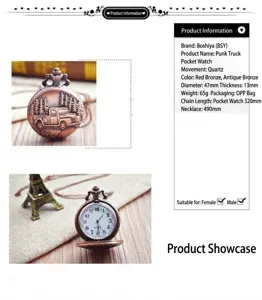Detail view of the vintage bronze pocket watch with truck relief, quartz movement and chain.