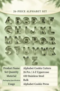 Stainless steel 26 alphabet cookie cutters set uppercase letters for DIY baking tools.