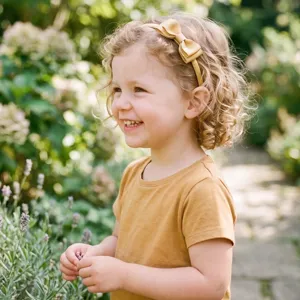 Detailed lifestyle shot of a cute toddler girl wearing a bright yellow fabric bow headband.
