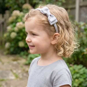 Girls grey grosgrain ribbon bow headband, comfortable and safe fabric toddler hair hoop.