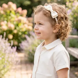 Cute girls white bow headband, grosgrain ribbon fabric wrapped hair accessory for toddlers.