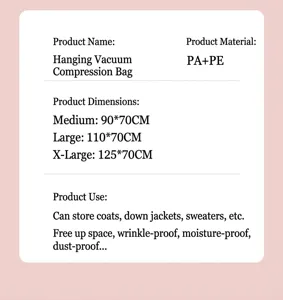 Guide des tailles de sac de rangement sous vide suspendu et spécifications pour manteaux.