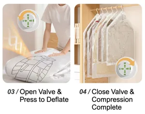 Détail de sac de compression sous vide suspendu montrant valve et rangement penderie.