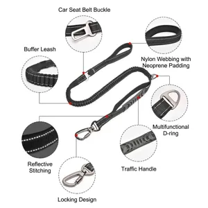 Reflective bungee dog leash with car buckle and padded handle for large dogs safely walking.