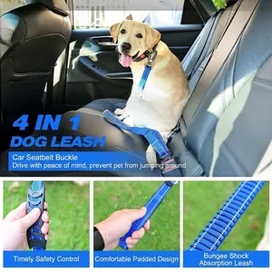 Durable reflective 4-in-1 dog leash with car safety buckle and bungee shock absorption.