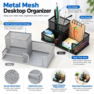 Organisateur de bureau en maille métallique porte-stylo noir argent boîte de rangement de papeterie.