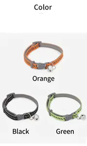 Detailed view of reflective pet cat collars with bells, showcasing orange, black and green options.