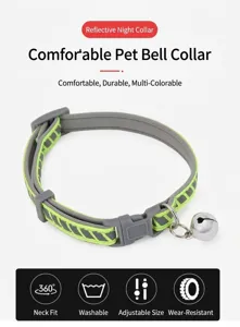 Pet reflective collar detail showing adjustable design, safety night visibility and small bell.