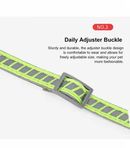 Close-up detail of adjustable pet collar buckle with reflective safety stripes design.