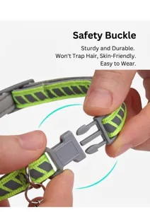 Reflective pet cat dog collar detail featuring durable grey plastic safety buckle for daily use.