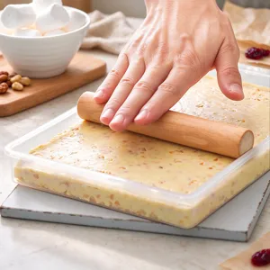 Large nougat mold set with wooden rolling pin for homemade snowflake crisps and baking treats.