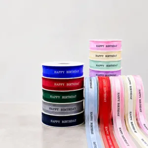 Happy birthday ribbon rolls satin mesh fabric for gift wrapping bouquet and cake decoration.