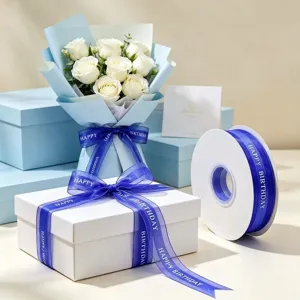 Blue Happy Birthday printed ribbon roll and gift box packaging set for floral bouquet and cake decor