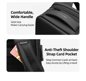 Nahaufnahme des schwarzen Business-Rucksacks mit bequemem Griff und Kartenfach-Design.