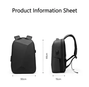 Multifunktionaler Business Rucksack Maßtabelle mit Vorder und Seitenansicht für klare Größen.