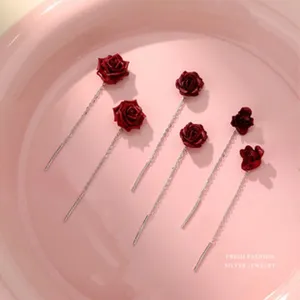 Rote Rosen lange Kette Ohrringe süßer Stil Mode Schmuck für Frauen Alltag elegante Kleidung