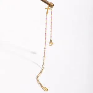 Gold stainless steel cross bracelet with pink enamel beads dainty chain fashion jewelry
