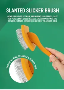 Wooden pet slicker brush with sloped metal pins for dogs and cats grooming and de-shedding.