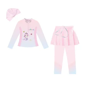 Kids gradient split long sleeve swimsuit set with cute mermaid print and matching swim cap.