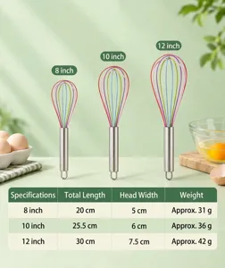 Ensemble de fouets en silicone avec poignée en inox, tailles 8, 10 et 12 pouces incluses.