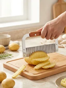 Stainless steel crinkle cutter wavy potato knife for french fries and kitchen cooking.