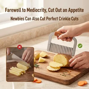 Stainless steel potato crinkle cutter with wood handle for wave french fries and veggies.