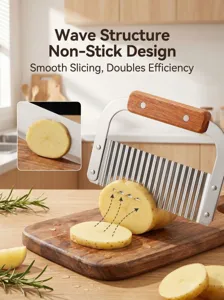 Close-up detail of stainless steel crinkle cutter blade slicing potato on wooden board.
