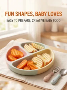 Kids partitioned dinner plate set with crinkle cut fruits and vegetables for baby feeding.