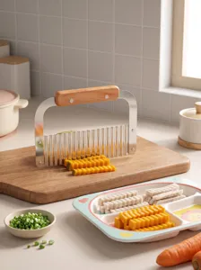 Detailed close-up of stainless steel crinkle cutter with wooden handle for slicing vegetables.
