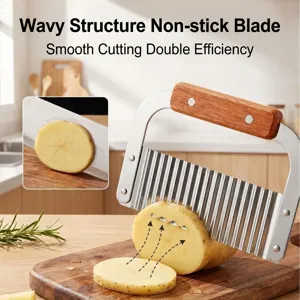 Stainless steel wavy potato cutter French fry slicer kitchen tool with wooden handle