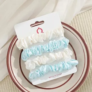 Satijn haarrekkers set, 4 stuks witte en blauwe zijden haarelastiekjes voor dames.