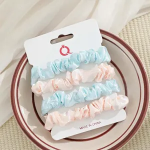 Satijn haarelastiekjes set, elegante blauwe en roze elastische haarelastiekjes voor vrouwen.