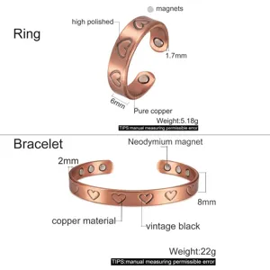 Set di anelli e bracciali di coppia magnetici in rame vintage regolabili gioielli