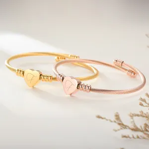 Stainless Steel Cable Wire Bracelet With Heart Pendant Twisted Open Cuff Bangle Elegant Minimalist Fashion Jewelry For Women