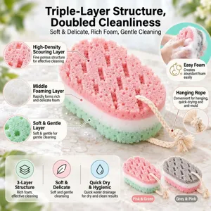Three-layer bath sponge body scrubber with lanyard, soft exfoliating shower sponge for daily use.