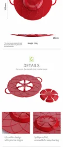 Red silicone spill-proof pot lid detail view, heat resistant flower design cover with 10mm thickness.