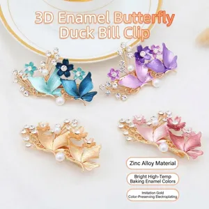 Women Floral Hair Clip Vintage Alloy Painted Rhinestone Artificial Pearl Duckbill Hairpin Side Hair Accessories