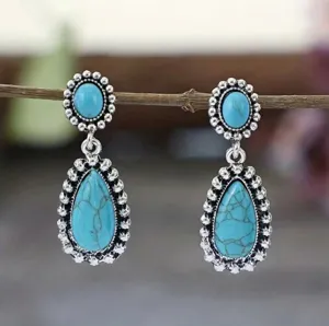 Vintage 925 silver plated turquoise drop earrings bohemian retro dangle jewelry for women