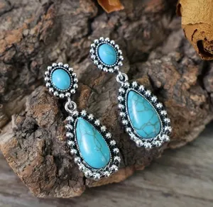 Boho vintage turquoise drop earrings antique silver teardrop dangle jewelry for women